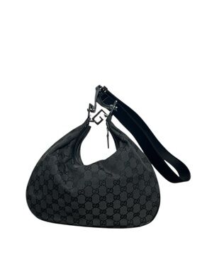 Gucci Black GG Canvas Attaché Hobo Bag Silver G Leather Strap Y2K Tom Ford